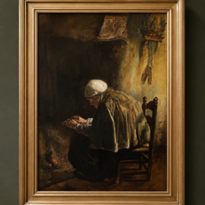Jozef Israëls (Groningen, 1824 – 1911); Oude vrouw bij het haardvuur (groot werk)